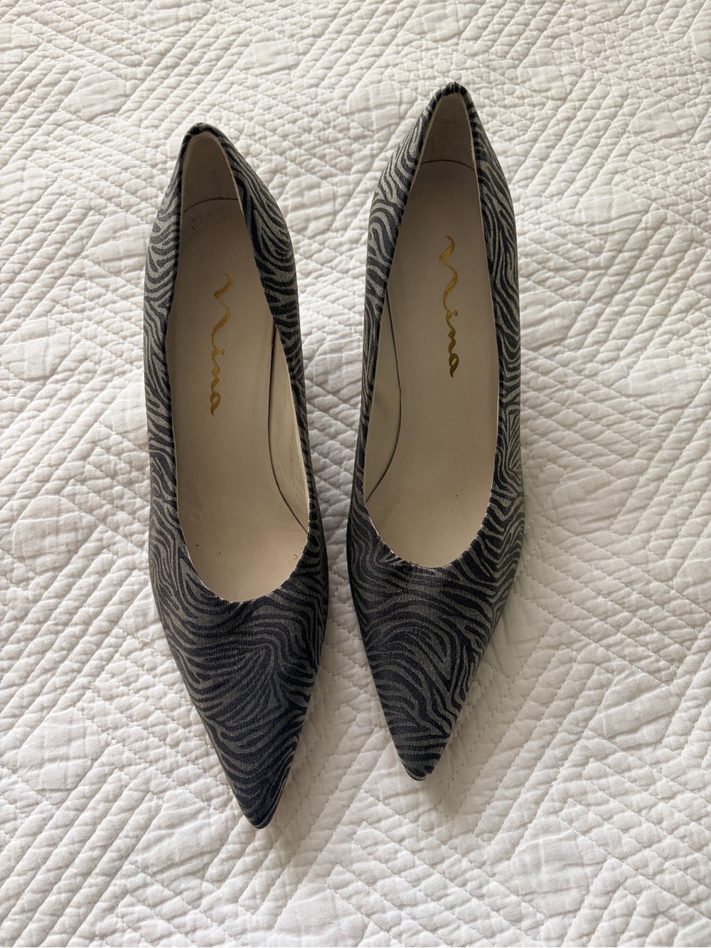 Nina Black Zebra-Print Pointed Toe Kitten Heels Pumps